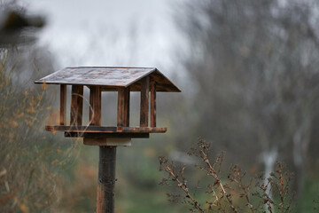 Handmade wooden bird feeder. Bird feeder made of plywood standing on a post.