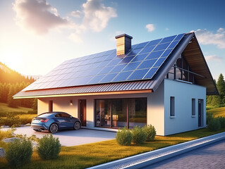 Modern house with solar panels and modern car near house. - Powered by Adobe