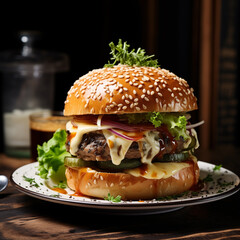 Big delicious burger on a plate on wooden table isolated  dark background. Generative AI