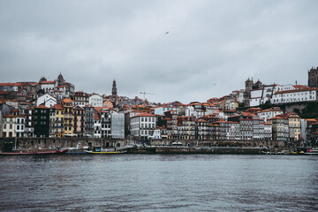 Panoramic view of Porto with Duoro river on a cloudy day, Porto cityscape