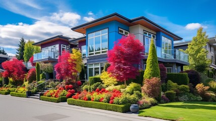 Luxury colorful home with the blue sky as a background in suburbs of Vancouver