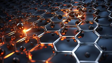 metal atoms are falling onto a surface lined with hexagons - obrazy, fototapety, plakaty