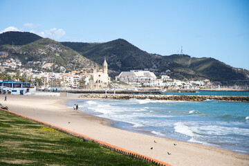 The beautiful town of Sitges, winter Spain, Landscape of the coastline in Sitges