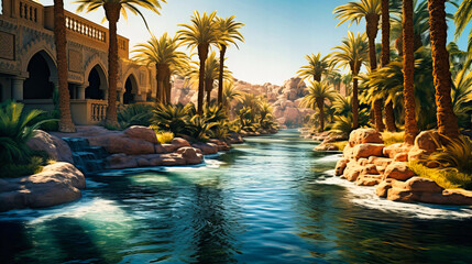 A serene and beautiful desert oasis, the water shimmering under the relentless sun and palm trees offering shade. - obrazy, fototapety, plakaty