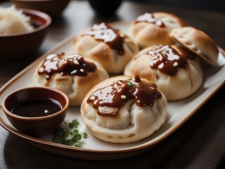 A mouthwatering close-up photograph of a plate of freshly steamed Cha Siu Bao (barbecue pork buns) with a shallow depth of field Generative AI