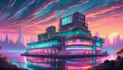 Vibrant landscape office with 80s styled neon architectural abstraction of an entertainment center