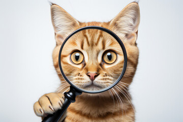 Portrait of a funny redhead cat scottish straight looking through a magnifying glass isolated on a white background, medical theme.