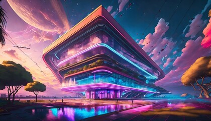Vibrant landscape office with 80s styled neon architectural abstraction of an entertainment center - obrazy, fototapety, plakaty