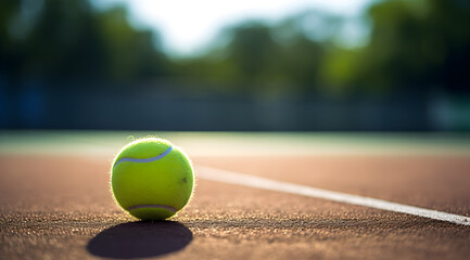 Bright yellow tennis ball on a clay court, capturing the essence of the game. - obrazy, fototapety, plakaty