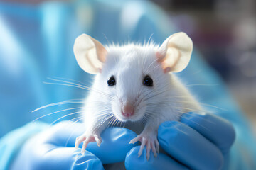 Portrait of a white laboratory rat in the hands of a scientist in blue rubber gloves. healthcare, medicine concept.