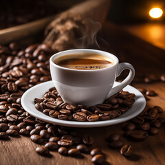 Fototapeta premium Coffee cup and coffee beans on wooden background. Generative AI