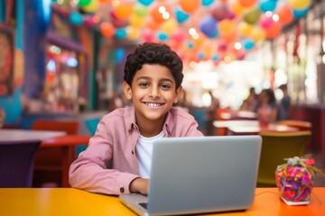 happy indian child boy sitting at table with laptop in cafe