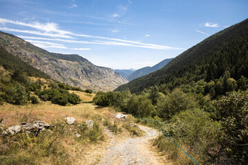 Naklejka premium Beautiful landscape of the natural park of Aigüestortes y Estany de Sant Maurici, Pyrenees valley with river and lake