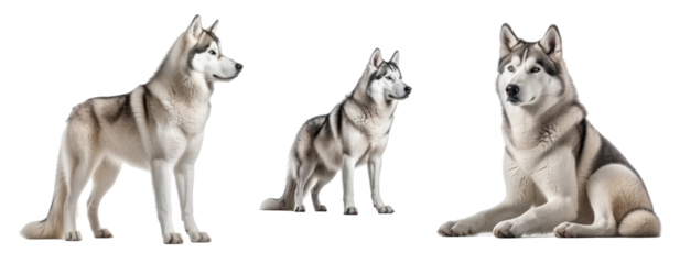 Set of siberian huskie isolated on transparent background. Concept of animals.