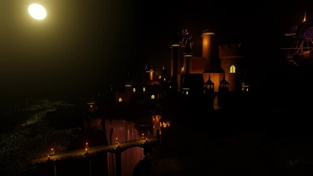 magical stone castle. night landscape. flying ships fly around the castle. Looped fantasy background. 3d render