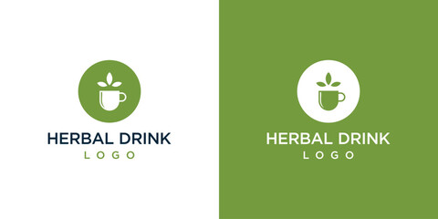 Herbal Drink Logo Designs. Cup and Leaves, Natural Matcha Tea, Icon Symbol Vector Illustration.  - obrazy, fototapety, plakaty