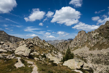 Beautiful landscape of the natural park of Aigestortes y Estany de Sant Maurici, Pyrenees valley with river and lake