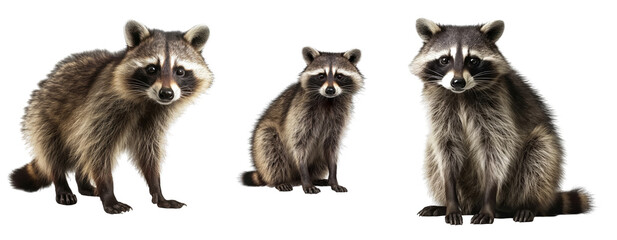Set of Wildlife raccoon isolated on transparent background. Concept of animals.