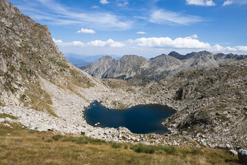 Beautiful landscape of the natural park of Aigestortes y Estany de Sant Maurici, Pyrenees valley with river and lake