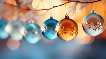 close-up of multi-colored Christmas balls on a branch, light bronze and light blue, translucent with patterns, low depth of field,