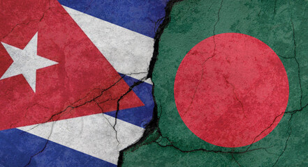 Flags of Cuba and Bangladesh, texture of concrete wall with cracks, grunge background, military conflict concept