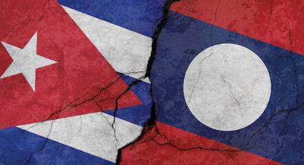 Flags of Cuba and Laos, texture of concrete wall with cracks, grunge background, military conflict concept