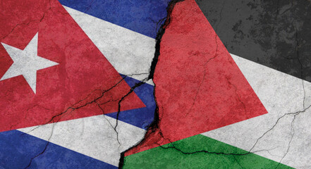 Cuba and Palestine flags, concrete wall texture with cracks, grunge background, military conflict concept