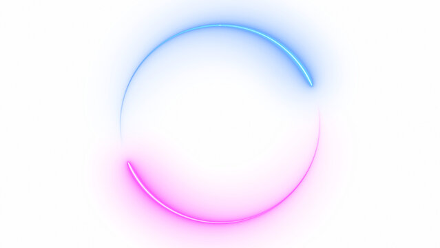 Abstract blue pink neon glowing circle frame, animated moving led light screen ring projection 3d rendering, empty space border presentation design background, futuristic laser line sprectrum backdrop