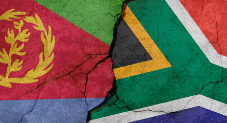 Eritrea and South Africa flags, concrete wall texture with cracks, grunge background, military conflict concept