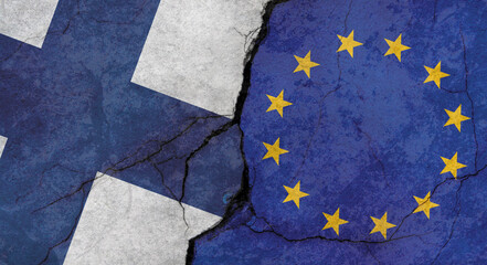 Finland and European Union flags, concrete wall texture with cracks, grunge background, military...