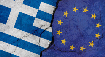 Greece and European Union flags, concrete wall texture with cracks, grunge background, military conflict concept