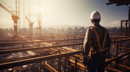 An engineer technician watching team of workers on high steel platform on construction site.