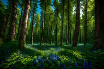 A lush, emerald forest with towering trees and a vibrant carpet of wildflowers under a clear blue sky.