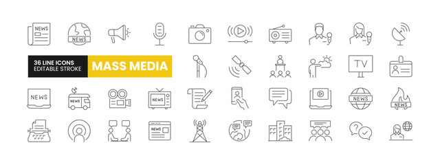 Set of 36 Mass Media & Journalism line icons set. Mass Media outline icons with editable stroke collection. Includes News, Microphone, Typewriter, Office, News Reporter, and More. - obrazy, fototapety, plakaty