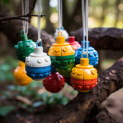Christmas tree balls made from lego - obrazy, fototapety, plakaty