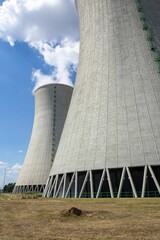 Cooling towers at nuclear power plant, energy self-sufficiency, greenhouse emission reduction - obrazy, fototapety, plakaty