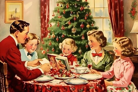 Vintage illustration of a family Christmas dinner
