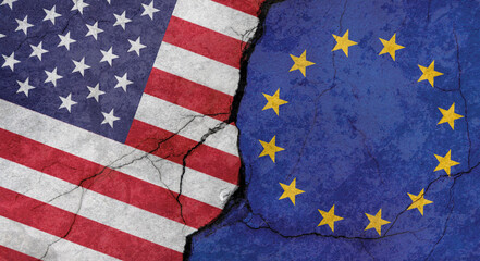 USA and European Union flags texture of concrete wall with cracks, grunge background, military conflict concept © Sergio