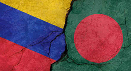 Venezuela and Bangladesh flags texture of concrete wall with cracks, grunge background, military conflict concept