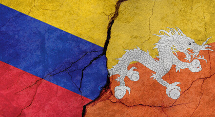 Venezuela and Bhutan flags texture of concrete wall with cracks, grunge background, military conflict concept