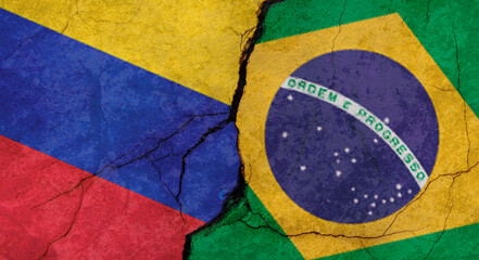 Flags of Venezuela and Brazil texture of concrete wall with cracks, grunge background, military conflict concept