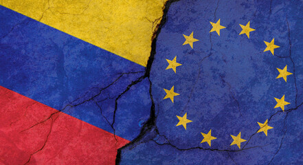Venezuela and European Union flags texture of concrete wall with cracks, grunge background, military conflict concept