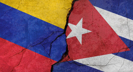 Flags of Venezuela and Cuba texture of concrete wall with cracks, grunge background, military conflict concept