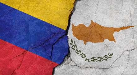 Venezuela and Cyprus flags texture of concrete wall with cracks, grunge background, military conflict concept