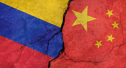 Venezuela and China flags texture of concrete wall with cracks, grunge background, military conflict concept