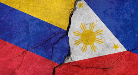 Flags of Venezuela and Philippines texture of concrete wall with cracks, grunge background, military conflict concept