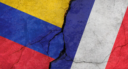 Venezuela and France flags texture of concrete wall with cracks, grunge background, military conflict concept
