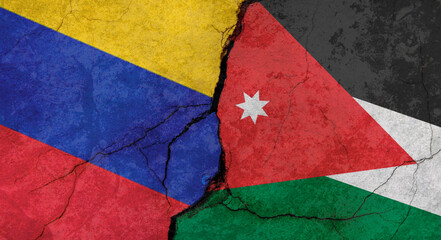 Venezuela and Jordan flags texture of concrete wall with cracks, grunge background, military conflict concept