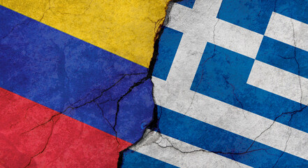Venezuela and Greece flags texture of concrete wall with cracks, grunge background, military conflict concept