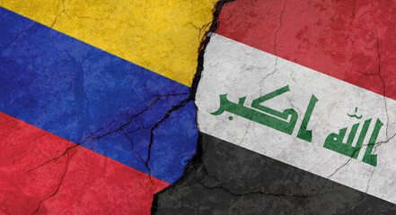 Venezuela and Iraq flags texture of concrete wall with cracks, grunge background, military conflict concept